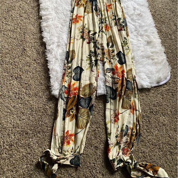 Tropical Hawaiian Floral Pants Jumpsuit Slit Legs Tie Ankle Elastic Waist Thin - Picture 2 of 10